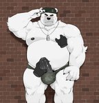 4_fingers anthro army army_beret army_hat army_outfit army_uniform beret black_nipples black_penis blush bodily_fluids bottomwear brick_background camo camo_clothing camo_print camo_underwear clothing cum cum_in_clothing cum_in_underwear dog_tags erection fingers fur genital_fluids genitals gesture gesturing_at_viewer green_clothing green_underwear hat headgear headwear looking_at_viewer male military military_beret military_clothing military_hat military_uniform muscular muscular_anthro muscular_male nipple_fetish nipple_pinch nipple_play nipples pattern_bottomwear pattern_clothing pattern_underwear penis pinch salute soldier soldier_uniform solo standing sweat underwear uniform warrior white_body white_fur warr bear mammal polar_bear ursine absurd_res hi_res