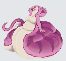 anthro apode belly big_breasts breasts claws collarbone fangs female female_pred grey_eyes legless looking_at_viewer navel nude open_mouth pink_body serpentine serpentine_vore simple_background sitting slightly_chubby snake_hood solo striped_body stripes tail tan_body teeth vore altrika yesenia_(character) draconcopode naga reptile scalie snake absurd_res colored digital_drawing_(artwork) digital_media_(artwork) hi_res shaded