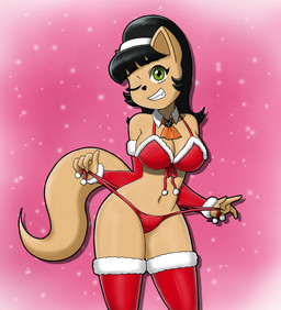 abstract_background armwear bikini bikini_bottom bikini_pull black_hair breasts cleavage clothed clothing clothing_pull elbow_gloves female front_view gloves grin hair handwear holidays legwear looking_at_viewer one_eye_closed seductive sharp_teeth smile snow snowing solo swimwear swimwear_pull teeth thigh_highs two-piece_swimsuit wink winking_at_viewer mrsrlord christmas nickelodeon t.u.f.f._puppy kitty_katswell domestic_cat felid feline felis mammal 2019 colored portrait shaded three-quarter_portrait