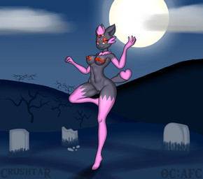 5_fingers 5_toes accessory alternate_color anthro anthrofied breasts cemetery cloud feet female fingers full_moon genitals hair hair_accessory hairpin heart_symbol holidays humanoid_feet moon navel pasties pink_hair plant plantigrade pokemorph solo toes tombstone tree vulva crushtar halloween nintendo pokemon zabrina_(afc) generation_5_pokemon pokemon_(species) vampire zorua hi_res