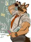 anthro belly biceps book bottomwear chalk chalkboard clothing cute_fangs eyewear fangs glasses humanoid_hands information_board male mature_anthro mature_male muscular muscular_anthro muscular_male necktie pants shirt slightly_chubby solo teacher teeth text topwear motogen canid canine canis domestic_dog german_shepherd herding_dog mammal pastoral_dog 2014 english_text hi_res