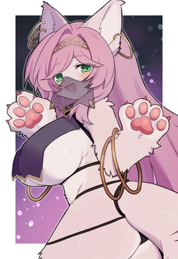 anthro big_breasts biped blush blush_lines border bracelet breast_curtains breasts butt claws clothed clothing countershade_fur countershade_hands countershade_torso countershading ear_piercing ear_ring female female_anthro finger_claws fluffy fur gradient_background green_eyes hair handpaw harem_outfit jewelry kemono long_hair looking_at_viewer monotone_hair monotone_tail multicolored_body multicolored_fur open_mouth open_smile pawpads paws piercing pink_body pink_claws pink_ears pink_fur pink_hair pink_pawpads pupils ring_piercing side_boob side_view simple_background skimpy smile solo standing tail two_tone_body two_tone_fur veil white_body white_border white_countershading white_fur white_inner_ear spommmm domestic_cat felid feline felis mammal 2026 colored digital_media_(artwork) half-length_portrait hi_res portrait shaded