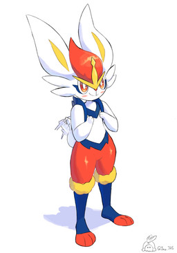 anthro blue_body blue_fur blush blush_stickers fur hand_on_chest motion_lines pupils red_body red_eyes red_fur shadow simple_background smile solo standing tail tail_motion tailwag white_background white_body white_fur white_pupils white_sclera yellow_inner_ear jay_j05 nintendo pokemon cinderace generation_8_pokemon pokemon_(species) 2026 hi_res signature