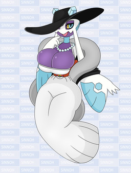 3_fingers big_breasts big_hat blue_eyes breasts clothing collar dress female fingers footless hat headgear headwear purple_body solo urusee584 nintendo pokemon froslass generation_4_pokemon pokemon_(species) absurd_res hi_res