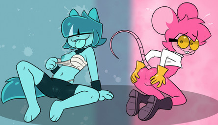 anthro anus blue_body blush breasts buckteeth butt camel_toe eyewear female genitals glasses looking_at_viewer nerd nipples open_mouth pink_body presenting smile spats tail teeth vulva mindgasmyt goommy_(goommymuffin) muffin_(goommymuffin) canid canine canis domestic_dog mammal murid murine rat rodent 2025 hi_res