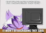 anthro biped blaze_the_cat celebrity_paradox clothing computer domestic_cat electronics english_text felid feline felis female fur gloves handwear humor iloveknucklesshadow image_macro impact_(font) lying mammal meme on_front purple_body purple_fur reaction_image sega solo sonic_the_hedgehog_(series) text