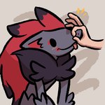ambiguous_gender anthro blep blush disembodied_hand duo ears_back fingers fur gesture grey_body grey_fur hair hand_gesture ok_sign pivoted_ears simple_background smile solo_focus tongue tongue_out advos nintendo pokemon snoot_challenge canid canine generation_5_pokemon human mammal pokemon_(species) zoroark 1:1 digital_media_(artwork) meme shaded