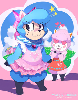 :3 anthro blush blush_stickers canon_couple clothing crossdressing_male dress duo female freckled_face freckles grin grinning_at_viewer heart_eyes heart_reaction heart_symbol husband_and_wife male married_couple outside pink_clothing pink_dress ribbons smile smiling_at_another smiling_at_partner smiling_at_viewer star_reaction wallyaurora animal_crossing nintendo cyrus_(animal_crossing) reese_(animal_crossing) alpaca camelid mammal hi_res