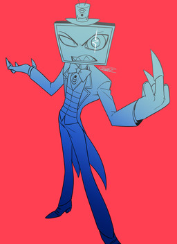 clothed clothing electronics for_a_head gesture hand_gesture hat headgear headwear male middle_finger not_furry red_background screen screen_face simple_background solo television enaic31 hazbin_hotel hellaverse vox_(hazbin_hotel) demon demon_humanoid humanoid object_head screen_head tv_head absurd_res hi_res
