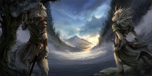 5_fingers anthro armor boots claws clothing cloud crown cuff_(restraint) dagger day detailed_background dress duo eye_contact female fingers fisheye_lens footwear forest fur grey_body grey_fur grey_hair hair headgear horn landscape looking_at_another male melee_weapon outside plant rear_view restraints scabbard sheathed_weapon shoes sky snow spaulder standing sword tail tiara tree vambrace water weapon whiskers white_body white_fur wood wrist_cuffs yellow_eyes alectorfencer mythology canid canine canis dragon hybrid mammal mythological_creature mythological_scalie scalie wolf 2012 2:1 detailed