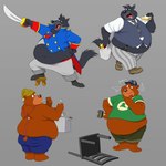 anthro belly big_belly black_body bottomwear brown_body butt clothing cosplay food hammer hat headgear headwear male overweight overweight_male shirt shorts tools topwear weapon what pokelai bear_and_breakfast beastars disney talespin don_karnage hank_(bear_and_breakfast) legoshi_(beastars) sheriff_of_nottingham bear canid canine canis mammal wolf 1:1 2022 hi_res