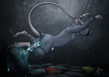 ankles_tied anthro bdsm bodily_fluids bondage bound bowl chain chastity_cage chastity_device container drooling ear_piercing ear_ring ears_back electrostimulation fucking_machine fur genital_fluids grey_body grey_fur hands_tied machine male male_anthro mouth_closed muzzle_(object) muzzled nude obscured_eyes piercing pivoted_ears precum precum_string ring_piercing saliva saliva_string side_view slim_anthro slim_male solo suspension suspension_bondage tail tail_bondage tail_tied wearing_chastity_cage wearing_chastity_device hufnaar aaron_d'verse mammal murid murine rat rodent 2017 dated signature