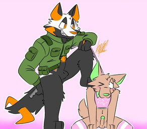 anthro balls blush clothing dominant dominant_male duo femboy genitals horn knife leash leash_pull male male/male military_uniform multicolored_body penis pink_background simple_background stare staring_at_penis submissive submissive_male tongue tongue_out uniform bafosfornais ruster_(bafosfornais) canid canine canis domestic_dog mammal wolf