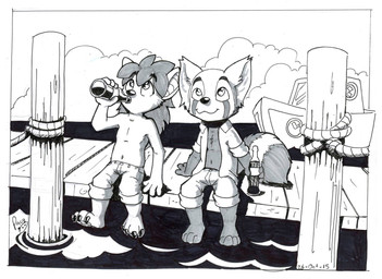 anthro bottle bottle_in_mouth bottomwear closed_smile clothed clothing cloud container duo glistening glistening_eyes holding_bottle holding_container holding_object logo looking_up male male_anthro mouth_closed navel open_clothing open_topwear outside shorts sitting sky smile topless topwear water young young_anthro young_male pandapaco ailurid mammal red_panda 2015 artist_logo dated hi_res monochrome signature