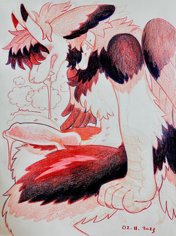 animal_genitalia animal_penis anthro arm_tuft belly_nipples black_body black_feathers black_fur black_hair black_horn bodily_fluids canine_genitalia canine_penis collar cum cum_drip dripping drooling elbow_tuft erection feathered_wings feathers feet fur genital_fluids genitals hair horn knot male multicolored_body multicolored_feathers multicolored_fur multicolored_horn penis pink_nose rage_boner red_body red_feathers red_fur red_penis saliva saliva_drip solo talons toes tuft two_tone_horn wings birdpaw_(artist) mythology fursona_(birdpaw) dragon feathered_dragon feathered_scalie furred_dragon furred_scalie mythological_creature mythological_scalie scalie 2023 absurd_res colored_pencil_(artwork) dated graphite_(artwork) hi_res traditional_media_(artwork)