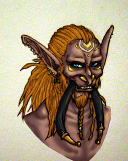 accessory beard blue_eyes bone braided_beard brown_body brown_skin dreadlocks ear_piercing facial_hair facial_markings front_view hair hair_accessory head_markings long_ears looking_at_viewer male markings not_furry nude orange_hair piercing skull smile solo teeth tusks arei blizzard_entertainment warcraft humanoid troll_(mythology) bust_portrait portrait