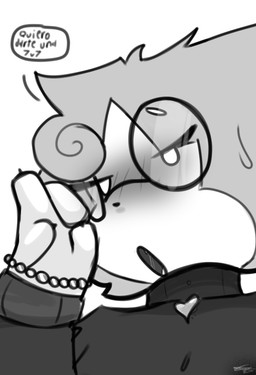 anthro eyewear female gesture glasses solo suggestive suggestive_gesture namelessseal katty_namelessseal domestic_cat felid feline felis mammal monochrome