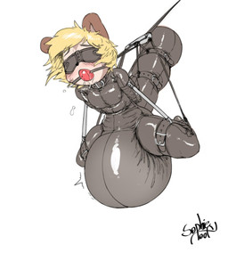 anthro arms_tied ball_gag bdsm belt belt_bondage bent_legs big_diaper blindfold blonde_hair blush bodily_fluids bondage bound clothed clothing diaper diaper_under_clothing diaper_under_latex diaper_under_skinsuit fullbody_suit gag hair impact_lines latex latex_clothing latex_skinsuit legs_tied male motion_lines saliva shorthair simple_background skinsuit solo submissive suspension suspension_bondage tail tail_tied tight_clothing wearing_diaper white_background sophiepoof ashi_(ashizero) canid canine mammal raccoon_dog tanuki hi_res signature