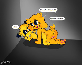 all_fours anus black_ear_tips black_nose black_sclera dipstick_ears duo ear_markings fur genitals male male/male multicolored_ears paws penis pink_penis sex short_tail smile tail text white_eyes yellow_body yellow_fur youtuber oob_osk mikechu mikecrack canid canine canis domestic_dog mammal 5:4 source_request spanish_text translated
