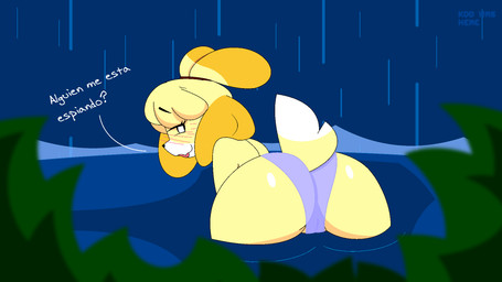 anthro bikini bikini_bottom blush blush_lines butt clothed clothing female fur genitals glistening_thighs looking_at_viewer looking_back looking_back_at_viewer partially_submerged plant rear_view shaking_butt shrub solo swimwear tail text thick_thighs topless topless_anthro topless_female translucent translucent_clothing two-piece_swimsuit voyeur_pov vulva water waterfall yellow_body yellow_fur castigo animal_crossing nintendo isabelle_(animal_crossing) canid canine canis domestic_dog mammal shih_tzu toy_dog 16:9 2023 animated hi_res spanish_text widescreen
