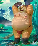 3_toes anthro areola armpit_hair bathing bear belly big_butt biped body_hair bulge butt claws clothed clothing cloud detailed_background detailed_bulge digital_drawing_(artwork) digital_media_(artwork) english_text feet forest fur grass hi_res male male_anthro mammal moobs navel nipples obese obese_anthro obese_male open_mouth orange_claws outside overweight overweight_anthro overweight_male plant plantigrade portrait shaded shrub solo t_cayoti text toes topless topless_anthro topless_male tree underwear underwear_only water