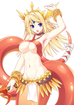 accessory apode bangle big_breasts blonde_hair blue_eyes blush bracelet breasts choker crown fangs female furgonomics hair headgear humanoid_pointy_ears jewelry legless long_hair looking_at_viewer melee_weapon monster_girl_(genre) navel necklace nipple_outline open_mouth pointy_ears ribbons serpentine simple_background smile solo split_form sword tail tail_accessory tail_ribbon teeth tiara under_boob weapon white_background naturalton puzzle_and_dragons echidna_(puzzle_and_dragons) draconcopode humanoid lamia reptile scalie snake hi_res