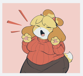 4_fingers anthro bangs belly big_belly black_nose blonde_hair border bottomwear breasts brown_bottomwear brown_clothing brown_skirt cheek_spots clothing costume devil_costume dipstick_tail eyebrows eyes_closed fangs female fingers floppy_ears front_view fur hair horn love_handles markings medium_breasts open_mouth overweight overweight_anthro overweight_female pawpads pink_background ponytail red_clothing red_sweater red_topwear roaring scut_tail short_tail simple_background skirt solo sweater tail tail_markings teeth topwear white_body white_border wide_hips yellow_body yellow_fur oofmasterxd animal_crossing nintendo isabelle_(animal_crossing) canid canine canis domestic_dog mammal shih_tzu toy_dog 2025 hi_res portrait three-quarter_portrait