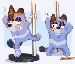 anthro bedroom_eyes biped blue_body blue_fur bodily_fluids brown_body brown_fur dancing eyebrows fur looking_at_viewer male narrowed_eyes on_model pole pole_dancing seductive smile solo stripper_pole sweat sweaty_armpit tail teeth mightiezz bluey_(series) stripe_heeler australian_cattle_dog canid canine canis cattledog domestic_dog herding_dog mammal pastoral_dog 2023 digital_media_(artwork) sequence