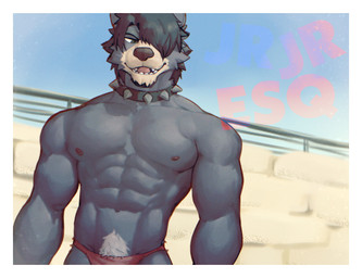 abs anthro areola border clothed clothing collar fur grey_areola grey_body grey_fur grey_nipples hair hair_over_eye male messy_hair muscular muscular_anthro muscular_male nipples open_mouth open_smile railing sky smile speedo spiked_collar spikes swimwear tan_body tan_fur topless topless_anthro topless_male wearing_collar white_border jrjresq marsh_(jrjresq) bear black_bear mammal ursine english_description film_grain watermark