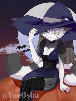 anthro choker clothing female hat headgear headwear holidays jack-o'-lantern jewelry legwear magic_user necklace night solo split_dress tail thigh_highs witch witch_costume witch_hat yue0sha halloween felid feline hybrid lemur mammal primate strepsirrhine 3:4 absurd_res hi_res