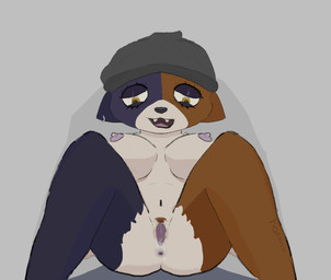 anthro anus aroused_face beanie bodily_fluids clothing eyelashes female genital_fluids genitals hat headgear headwear nipples open_mouth piercing pink_vulva presenting presenting_vulva pubes slim smile solo spread_legs spreading vaginal_fluids vulva hornycki epic_games fortnite meow_skulls felid humanoid mammal hi_res