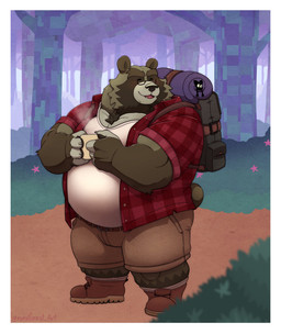 anthro backpack belly big_belly black_nose bottomwear clothing detailed_background eyes_closed eyewear glasses green_body humanoid_hands male outside overweight overweight_male pants shirt solo topwear runxforest canid canine mammal raccoon_dog tanuki 2022 absurd_res hi_res