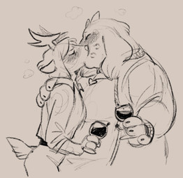 4_fingers alcohol anthro antlers beverage blush claws container cup drinking_glass duo female female/female fingers fluffy_ears glass glass_container glass_cup heart_locket horn kiss_mark kissing male short_tail simple_background tail wine wine_glass donutfloats deltarune undertale_(series) carol_holiday toriel bovid caprine deer goat mammal new_world_deer reindeer hi_res monochrome sketch