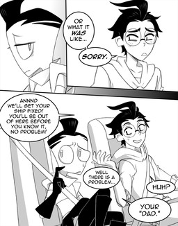 aged_up ahoge black_hair chair clothed clothing dialogue driving duo earless furniture gloves hair handwear male not_furry on_chair simple_background speech_bubble text topwear inimoose invader_zim nickelodeon dib_membrane zim_(invader_zim) alien alien_humanoid human humanoid irken mammal comic digital_media_(artwork) english_text hi_res monochrome