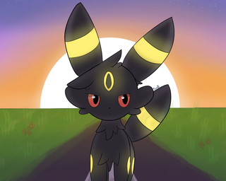 ambiguous_gender black_body black_fur feral fur outside red_eyes sky solo sunset tail fleesoff nintendo pokemon eeveelution generation_2_pokemon pokemon_(species) umbreon 2022 5:4 digital_media_(artwork) hi_res
