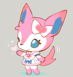 accessory ambiguous_gender anthro blue_eyes bottomless bottomless_anthro bow_ribbon chibi closed_smile clothed clothing collared_shirt featureless_crotch fur grey_background hair_accessory hair_bow hair_ribbon mouth_closed pink_body pink_fur pink_heart pink_tail ribbons shirt simple_background smile solo sparkles standing style_emulation tail tail_motion tailwag topwear yencatx animal_crossing nintendo pokemon eeveelution generation_6_pokemon pokemon_(species) sylveon 2019 crossover