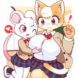 amber_eyes anthro big_breasts blush border bottomwear breast_fondling breast_grab breast_play breasts button_(fastener) clothed clothing collared_shirt detailed_background dress_shirt duo exclamation_point eyelashes female female/female fondling footwear fully_clothed fur hand_on_breast head_tuft heart_symbol inside iris kemono looking_at_another looking_at_breasts looking_at_partner monotone_body monotone_fur multicolored_body multicolored_fur one_eye_closed open_mouth open_smile orange_body orange_ears orange_fur orange_tail outside_border pawpads pink_inner_ear pink_pawpads pink_tail pink_tongue pivoted_ears predator/prey pupils red_bow red_eyes red_pupils round_ears school_uniform shirt shoes size_difference skirt smile socks speech_bubble surprised tail tail_under_skirt tan_body tan_fur tan_tail thin_eyebrows tongue topwear tuft two_tone_body two_tone_fur two_tone_tail uniform white_body white_border white_clothing white_ears white_fur white_shirt white_topwear wide_eyed window wink takiune_(pixiv) domestic_cat felid feline felis mammal mouse murid murine rodent 1:1 2020 aliasing digital_media_(artwork) low_res
