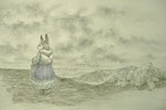 2006 anthro barefoot basket biped black_nose clothed clothing container detailed_background feet female lagomorph leporid louvelex mammal outside rabbit smile solo standing traditional_media_(artwork)