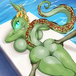 anthro big_breasts big_butt big_tail blue_eyes breasts butt butt_massage butt_squish female furniture glistening glistening_body green_body headgear looking_at_viewer looking_back lying massage massage_table nude on_front pool pupils slit_pupils solo squish table tail wide_hips rurihal dreamworks kung_fu_panda chameleon_(kung_fu_panda) chameleon humanoid lizard reptile scalie 1:1 absurd_res hi_res