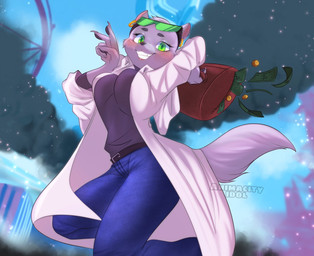 anthro blush bottomwear breasts claws clothed clothing detailed_background ear_piercing ear_ring eyelashes eyewear female finger_claws fingerpads fur gesture green_eyes grey_body grey_fur hand_gesture looking_at_viewer money overcoat pants pawpads piercing ring_piercing smile solo suitcase sunglasses sweater topwear turtleneck v_sign animacityidol brand_new_animal studio_trigger marie_itami mammal mink mustelid musteline true_musteline 2020 digital_media_(artwork) hi_res
