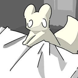 ambiguous_gender bed_sheet bedding bigtail curtains empty_eyes feral grey_background inside semi-anthro simple_background solo tail white_eyes window wrinkles peanut~1314 rain_world videocult survivor_(rain_world) slugcat 1:1