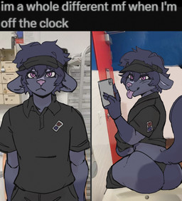 anthro black_bottomwear black_clothing black_panties black_shirt black_shorts black_topwear black_underwear blue_hair bottomwear bottomwear_down butt cellphone clothed clothing countershade_butt countershading electronics eyebrows gloves_(marking) hair hat headgear headwear holding_object male markings panties pants pants_down partially_clothed phone photo_background pink_eyes pink_nose round_ears shirt shorts smartphone snout solo tail text tongue tongue_out topwear underwear visor_cap work_uniform gagaton domino's_employee_before_and_after domino's_pizza mammal mephitid skunk absurd_res english_text hi_res meme multiple_scenes photography_(artwork)