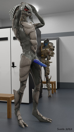 armor being_watched duo erection female genitals locker_room looking_at_another male nude penis standing text towel scoota bioware electronic_arts mass_effect alien turian 3d_(artwork) 9:16 absurd_res digital_media_(artwork) english_text hi_res