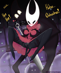ambiguous_gender anthro biped black_body black_eyes blush bottomless breast_grab breasts clothed clothing duo female female/ambiguous genitals hand_on_breast heart_symbol horn mouthless nipple_outline spread_legs spreading text umbraphilia vulva weapon white_horn delicioussoup hollow_knight_(franchise) team_cherry collector_(hollow_knight) hornet_(hollow_knight) void_(hollow_knight) arthropod humanoid insect shadow_creature 2021 5:6 absurd_res digital_media_(artwork) hi_res