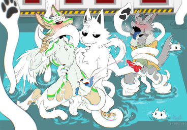 4_ears 4_horns anal anal_penetration anthro bite blush bodily_fluids cheek_tuft clothing cum cum_drip cum_on_penis dripping ejaculation facial_tuft fluffy fluffy_chest fluffy_tail fur genital_fluids genitals goo_transformation green_markings grey_body group handjob horn knot knot_grab knotted_penis male male/male markings multi_arm multi_ear multi_horn multi_limb open_mouth penetration penile penis sex smug_face swimming_pool tail tentacle_in_ass tentacle_penetration tentacles tongue tongue_out transformation trio tuft white_body white_fur winged_arms wings tenebscuro changed_(video_game) mythology prey_(sinful_tincan) raili_(dash4462) squid_dog_(changed) avali dragon furred_dragon furred_scalie mythological_creature mythological_scalie scalie hi_res