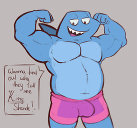 anthro belly bulge clothed clothing flexing male musclegut muscular muscular_male overweight presenting showing_chest slightly_chubby slightly_chubby_anthro slightly_chubby_male solo speech_bubble text underwear underwear_only catsnotart dc_comics king_shark fish marine shark absurd_res hi_res