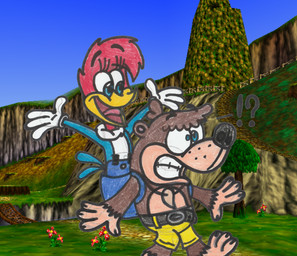backpack blue_eyes bottomwear brown_body brown_fur clothing female fur gloves hair handwear male male/female pants red_hair white_clothing white_gloves white_handwear captainquack64 banjo-kazooie rareware the_woody_woodpecker_show universal_studios banjo_(banjo-kazooie) winnie_woodpecker avian bear bird mammal picid sun_bear ursine woodpecker 2018 crossover