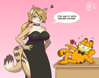 3_toes 4_fingers annoyed anthro bedroom_eyes black_clothing black_dress black_eyes blonde_hair bow_tie breasts cleavage clothed clothing collar dress duo feet female fingers flower fluffy fluffy_ears fluffy_tail fur green_eyes hair hands_on_hips humor male multicolored_body multicolored_fur narrowed_eyes neck_tuft orange_body orange_fur pink_nose plant rose_(flower) seductive sparkles speech_bubble spiked_hairband stripes tail text toes tuft two_tone_body two_tone_fur wristband chocend garfield_(series) mihoyo zenless_zone_zero garfield_the_cat pulchra_fellini domestic_cat felid feline felis mammal thiren hi_res watermark