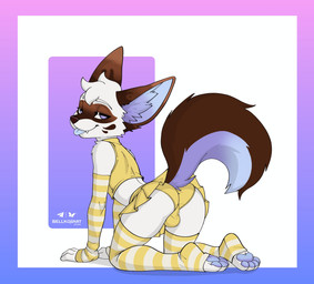 4_toes anthro armwear ball_bulge blep bluesky_logo border bottomwear brown_body brown_ears brown_fur brown_nose bulge bulge_from_behind butt clothed clothing crop_top crossdressing crossdressing_male cute_fangs detailed_bulge elbow_gloves fangs feet femboy fur fur_markings gloves gradient_background gradient_border handwear head_tuft inner_ear_fluff legwear looking_at_viewer looking_back male markings miniskirt multicolored_body multicolored_fur narrow_hips panties pattern_clothing pattern_legwear pawpads paws shirt simple_background skirt smile solo striped_clothing striped_legwear striped_sleeves stripes tail teeth telegram_logo text toeless_legwear toes tongue tongue_out topwear tuft underwear white_background white_body white_fur white_text yellow_armwear yellow_clothing yellow_legwear yellow_miniskirt yellow_panties yellow_topwear yellow_underwear bell_koji telegram canid canine fennec_fox fox mammal true_fox 2026 hi_res