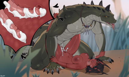 2_horns 2_penises anal anal_penetration animal_genitalia animal_penis anthro anthro_penetrating anthro_penetrating_humanoid big_breasts black_hair bodily_fluids breasts cervical_penetration claws cum cum_in_ass cum_in_uterus cum_in_vagina cum_inside cum_splatter double_penetration duo female female_humanoid freckled_face freckles genital_fluids genitals green_body green_scales hair hemipenes horn humanoid_on_anthro humanoid_penetrated internal internal_vaginal jewelry kneeling larger_anthro larger_male leg_wrap lips lying male male/female male_anthro multi_genitalia multi_penis necklace necklace_only nude on_back paired_penetration penetration penile penile_penetration penis penis_in_ass penis_in_vagina red_body red_skin scales sex sharp_teeth size_difference spikes sweat teeth tongue tongue_out uterus vaginal vaginal_penetration emmyliquid alligator alligatorid crocodilian horned_humanoid humanoid reptile scalie hi_res